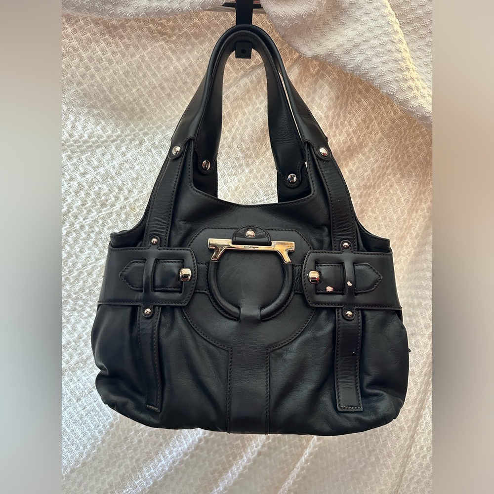 Salvatore Ferragamo Black Leather Shoulder Bag with Gold Hardware